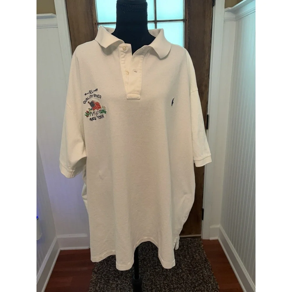 Polo Ralph Lauren 4X Big Tall White Polo Shirt US Flag Crest Embroidery Cotton